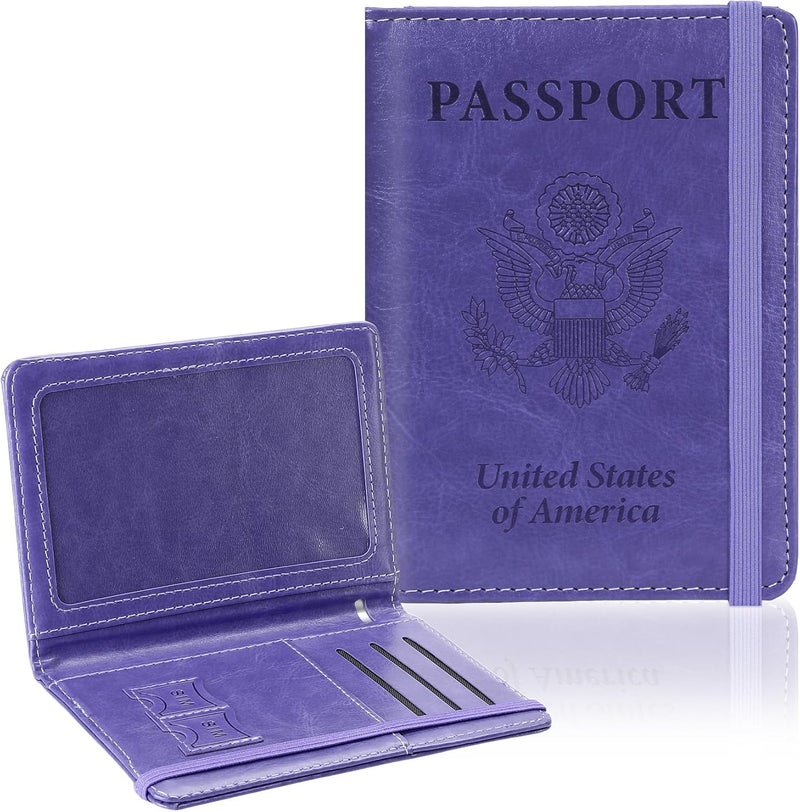 RHOttbiy Passport Holder for Travel, RFID Blocking Passport Cover with Pen Holder Leather Passport Wallet Case Travel Must Haves Accessories Passport Book Card Holder for Family Travel Essentials, Dark Purple - Image 1